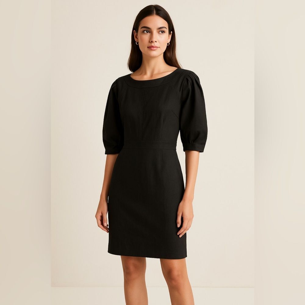 Banana Republic Linen Blend Dress 10 Black Puff Sleeve Work Casual Cic holiday
